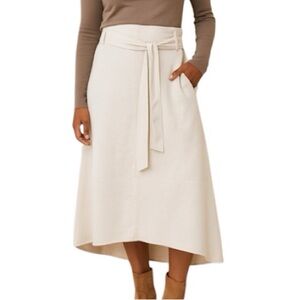 CATHERINE MALANDRINO New Ivory Cream Knit A Line Skirt High Low Belt Size Large